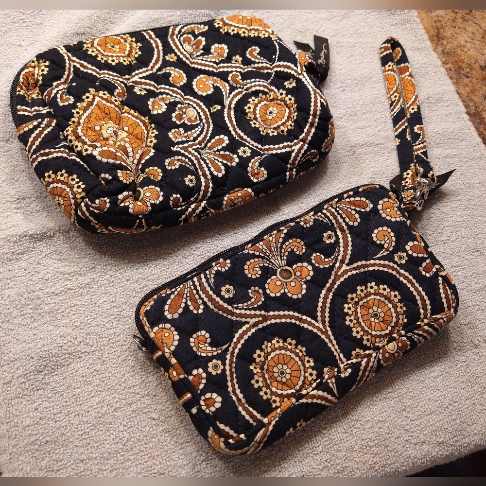 Vera Bradley Zip Around Wallet Cosmetic Travel Bag Set Caffe Latte Quilted
